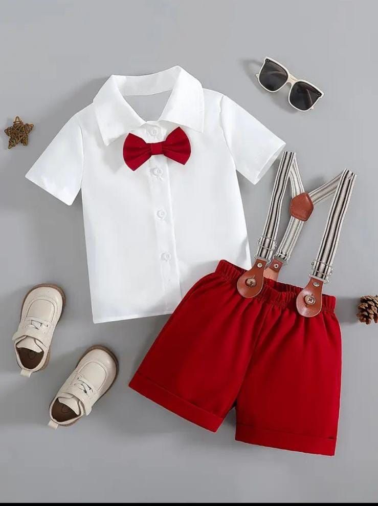 Boys Red Bowed 2 Piece Summer Suit
