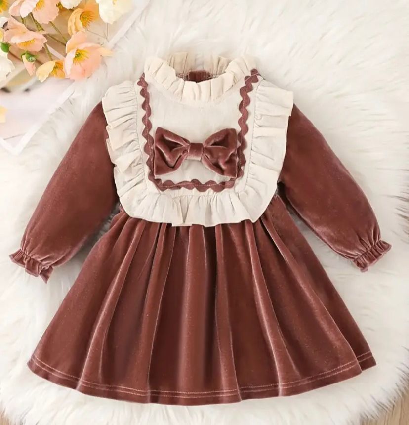 TEA PINK FRILLED VELVET FROCK